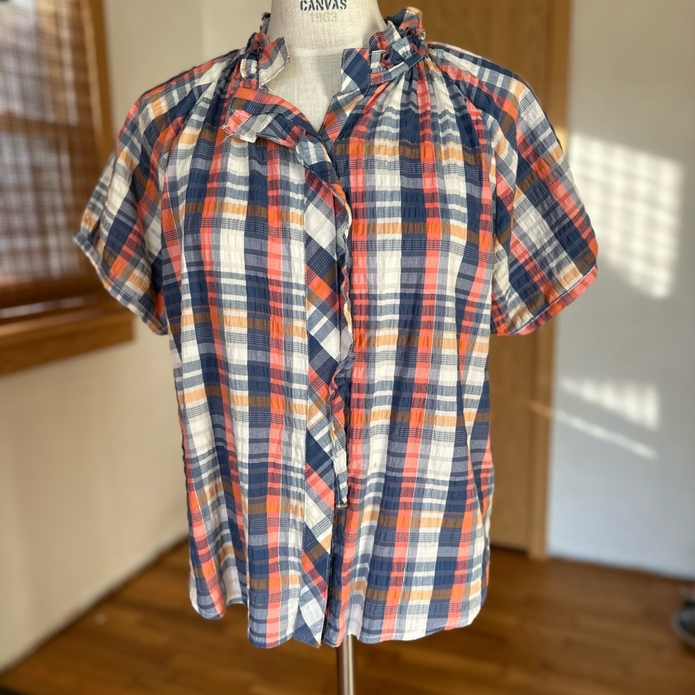 Finley Plaid Short Sleeved Button Down Blouse Top XS